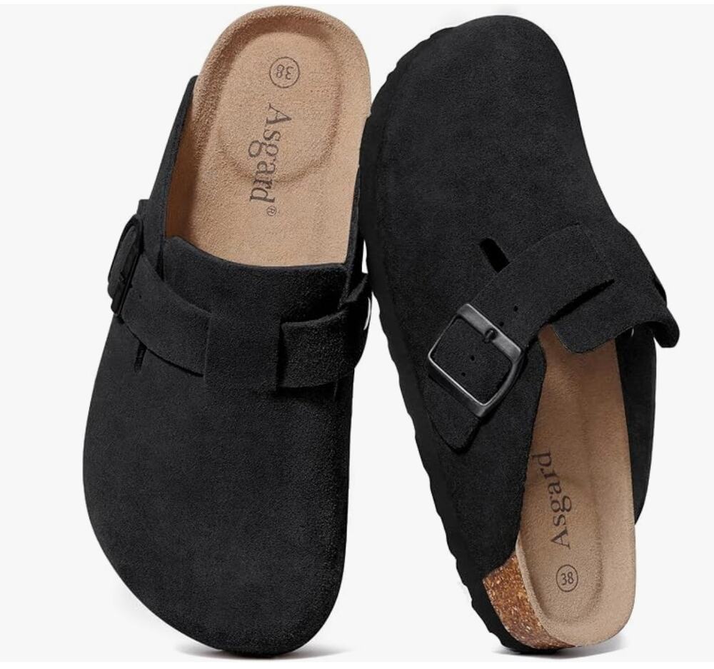 Women's Black Suede Clogs, Adjustable Buckle - Size 9 - Preowned - Picture 1 of 5